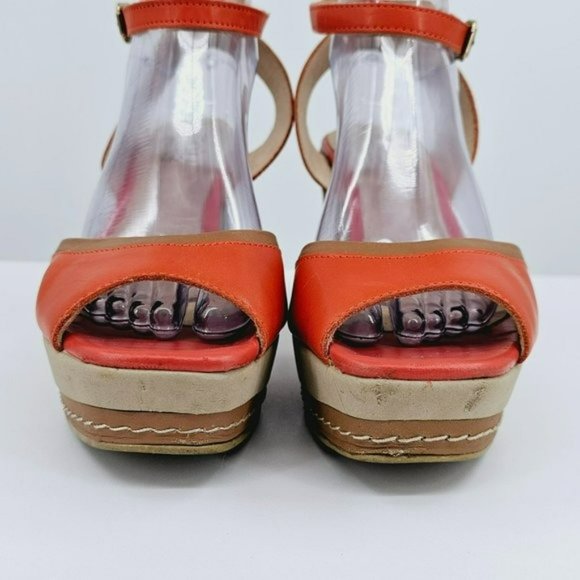 Malu Wedge Sandals 10 Super Comfort Orange Tan Stripe Tall Open Toe Ankle Straps - Picture 4 of 13